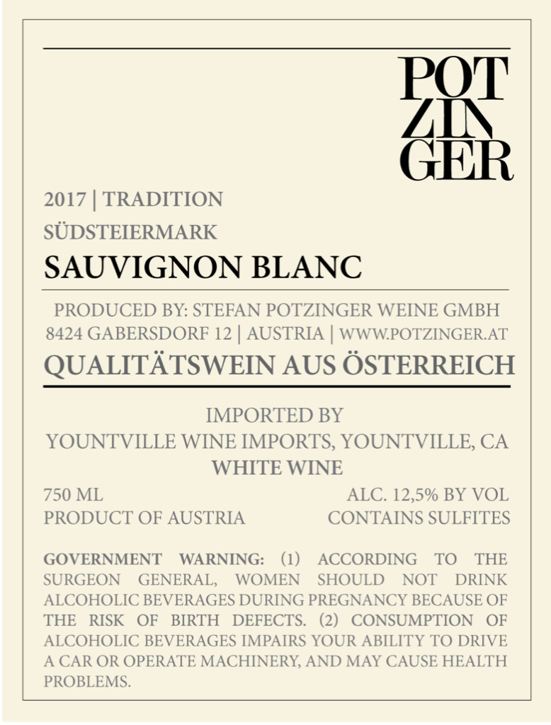 TABC label artwork for Potzinger Sauvignon Blanc Tradition