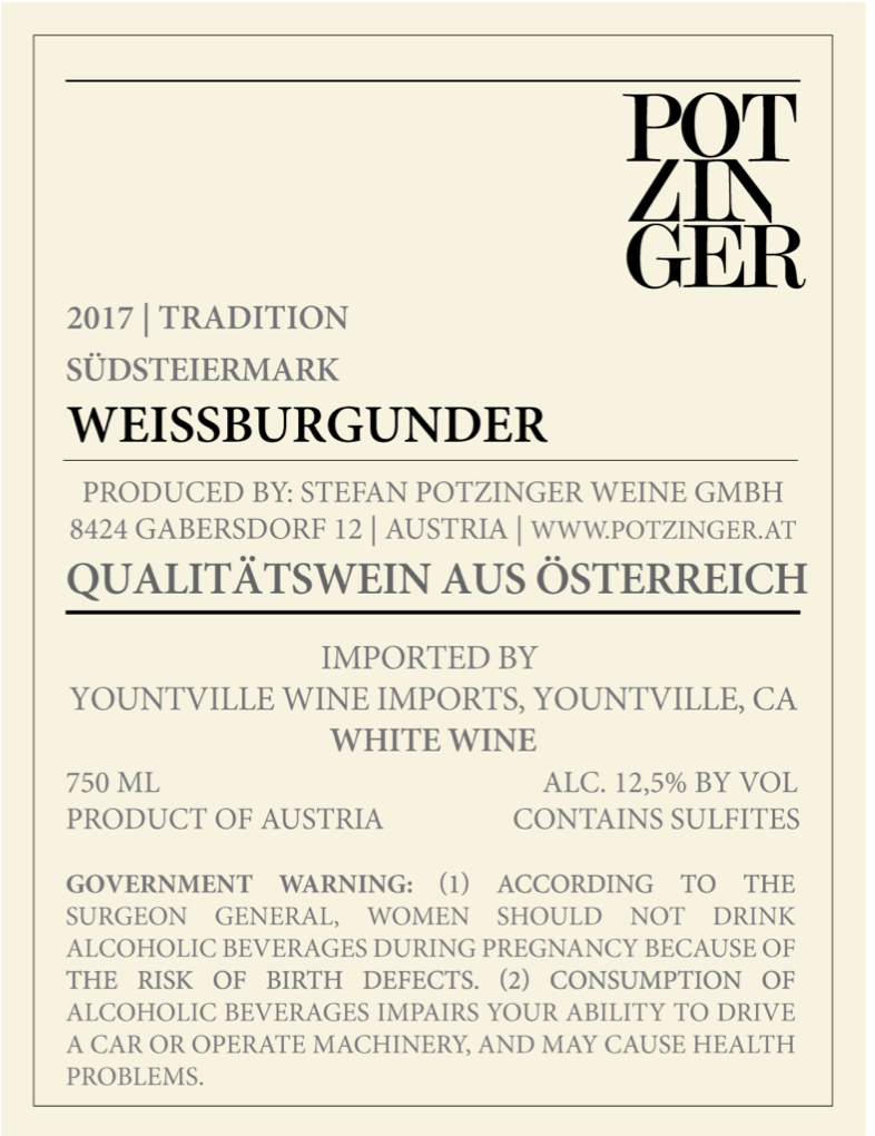 TABC label artwork for Potzinger Weissburgunder Tradition