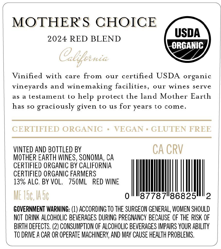 TABC label artwork for Mother’s Choice Organic Red Wine