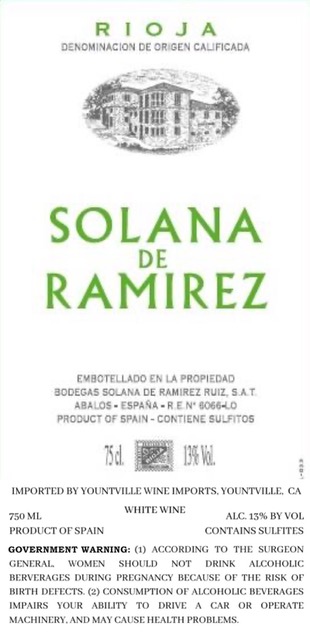 TABC label artwork for Solana de Ramirez Rioja White