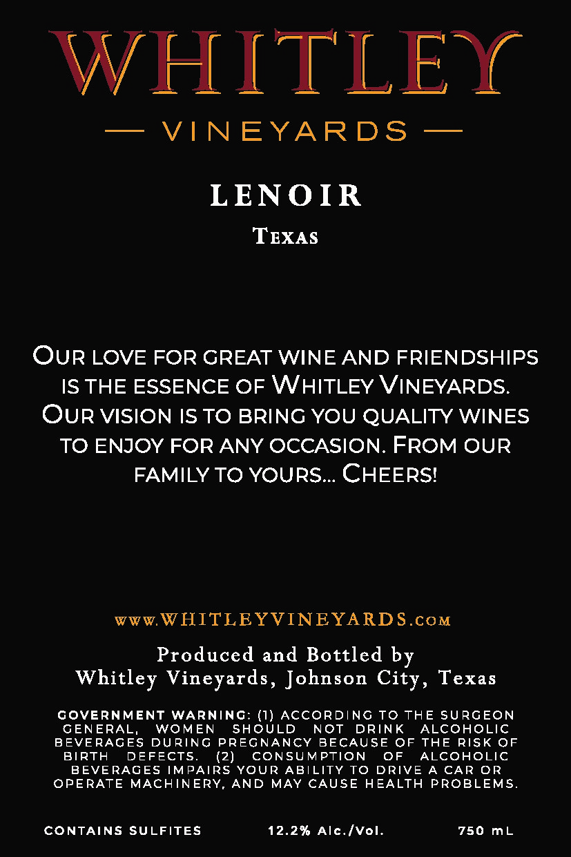 TABC label artwork for Whitley Vineyards Lenoir