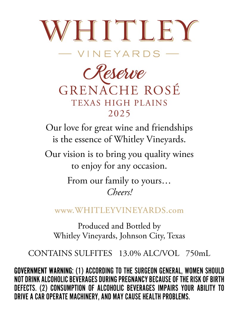TABC label artwork for Whitley Vineyards Grenache Rose