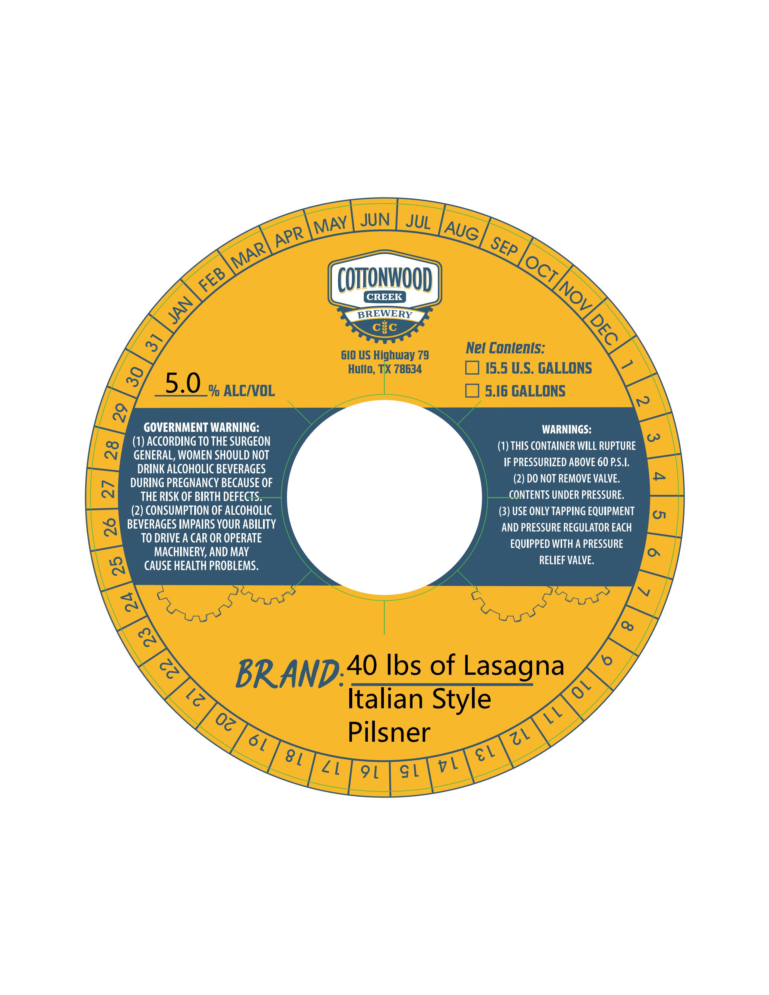 TABC label artwork for 40 lbs of Lasagna Italian Style Pilsner