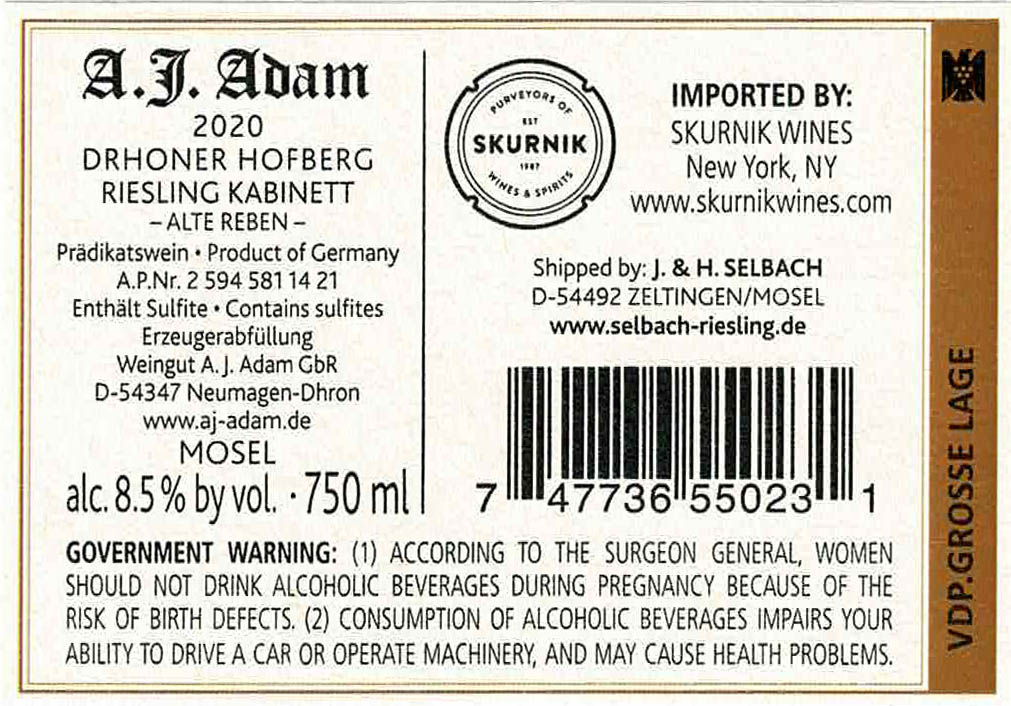 TABC label artwork for Dhron Hofberg Alte Reben Riesling Kabinett, A.J. Adam