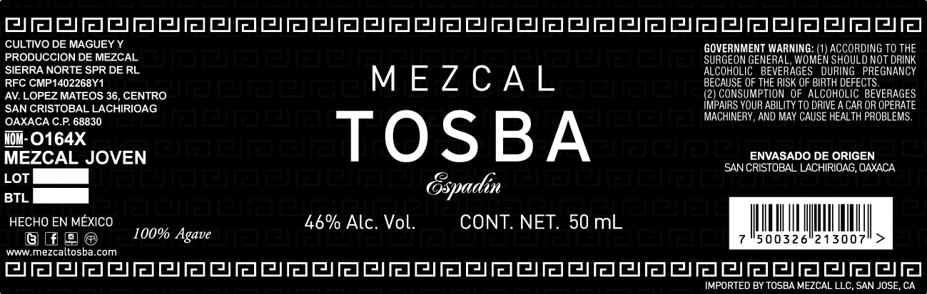 TABC label artwork for Mezcal, Espadin, Tosba