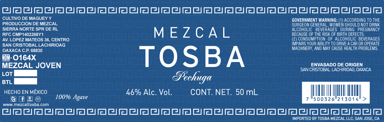 TABC label artwork for Mezcal, Pechuga, Tosba