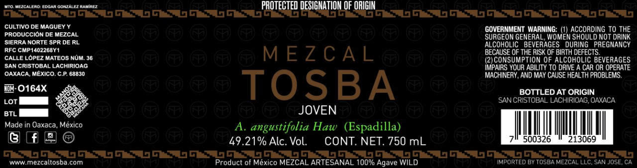 TABC label artwork for Mezcal, Espadilla, Tosba