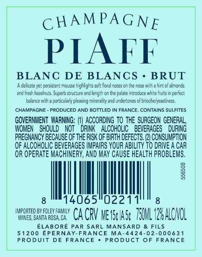 TABC label artwork for PIAFF BLANC DE BLANC EPERNAY FRANCE