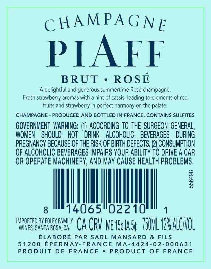 TABC label artwork for PIAFF BRUT ROSE CHAMPAGNE