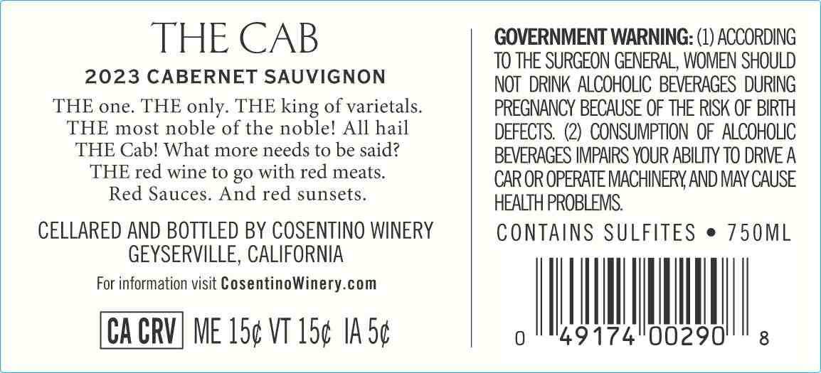 TABC label artwork for COSENTINO WINERY CABERNET SAUVIGNON THE CAB LODI