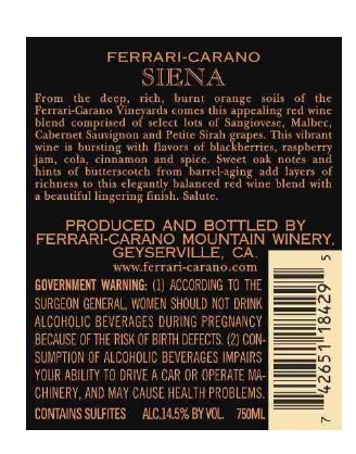 TABC label artwork for FERRARI-CARANO RED SIENA SONOMA COUNTY