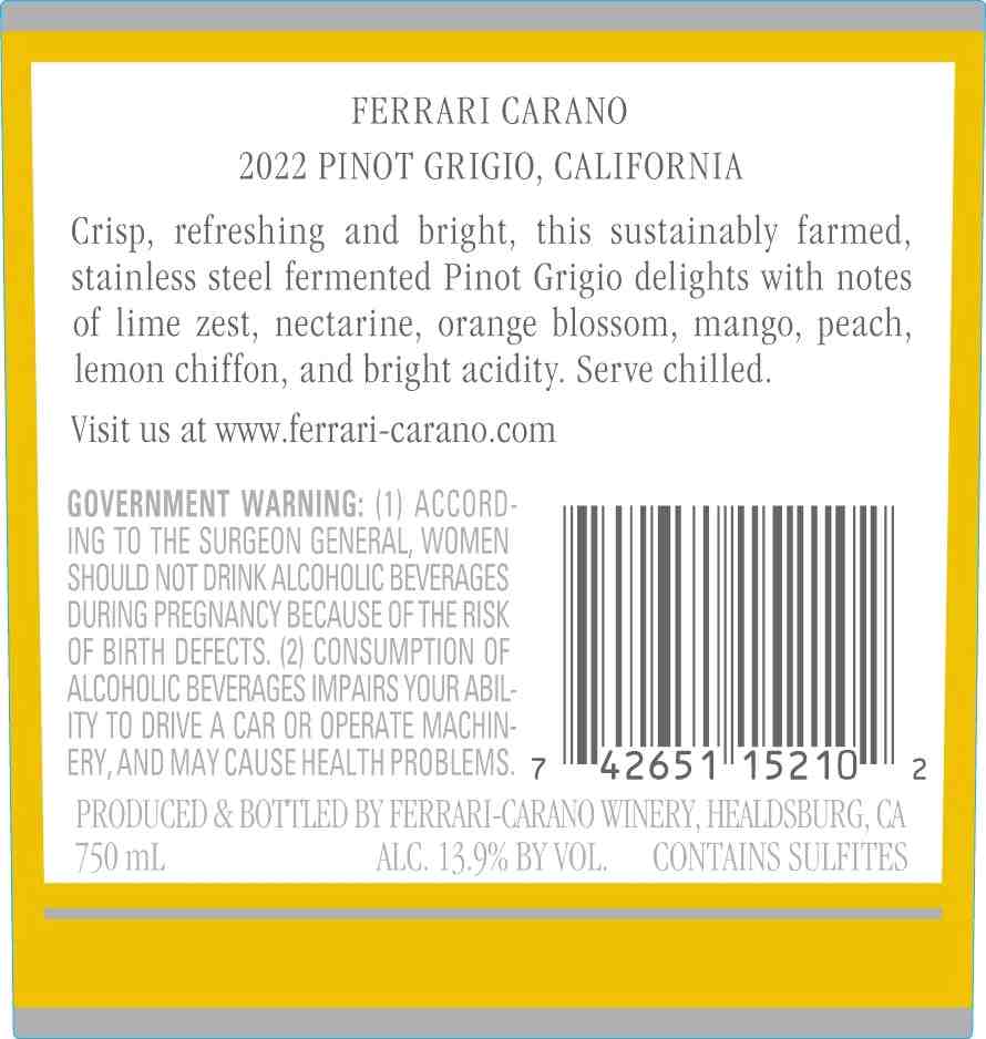 TABC label artwork for FERRARI-CARANO PINOT GRIGIO CALIFORNIA