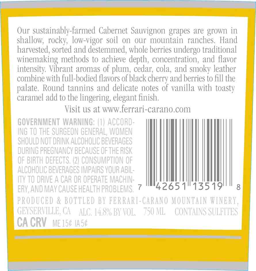 TABC label artwork for FERRARI-CARANO CABERNET SAUVIGNON SONOMA COUNTY