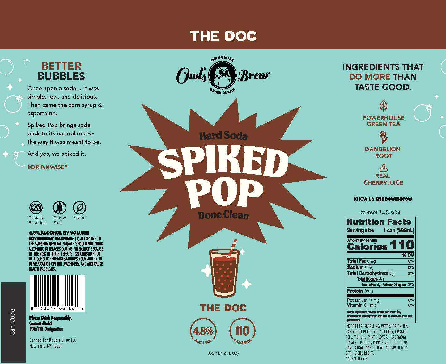 TABC label artwork for Owl's Brew Spiked Pop The Doc