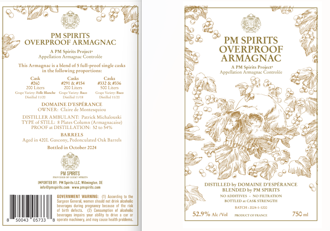 TABC label artwork for PM Spirits Overproof Armagnac