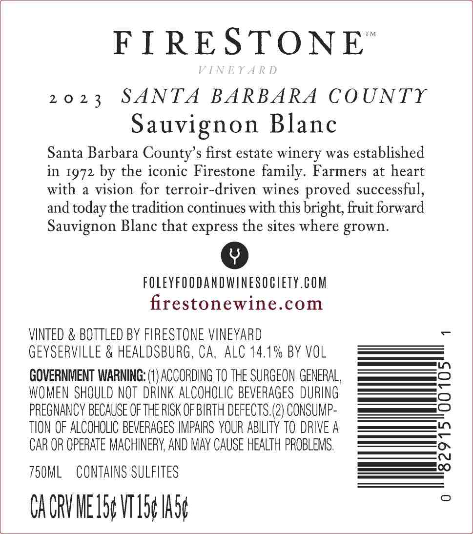 TABC label artwork for FIRESTONE VINEYARD SAUVIGNON BLANC SANTA BARBARA COUNTY
