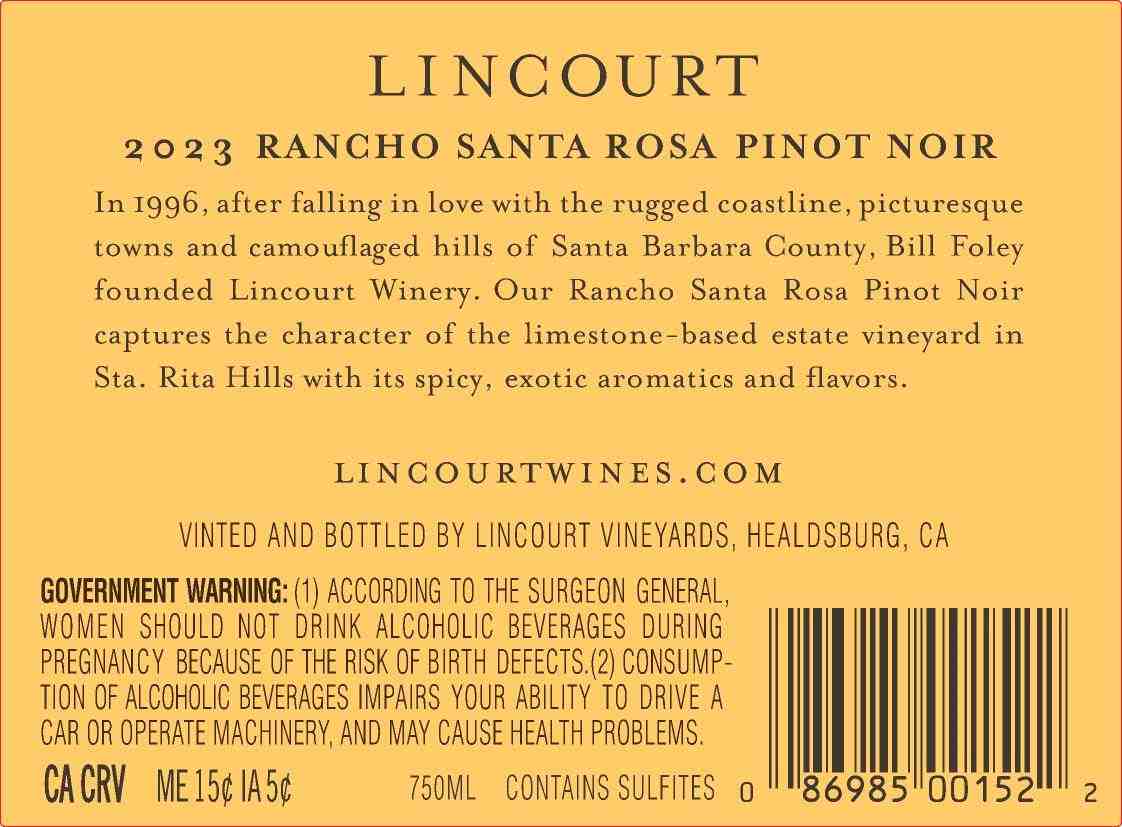 TABC label artwork for LINCOURT PINOT NOIR RANCHO SANTA ROSA STA. RITA HILLS