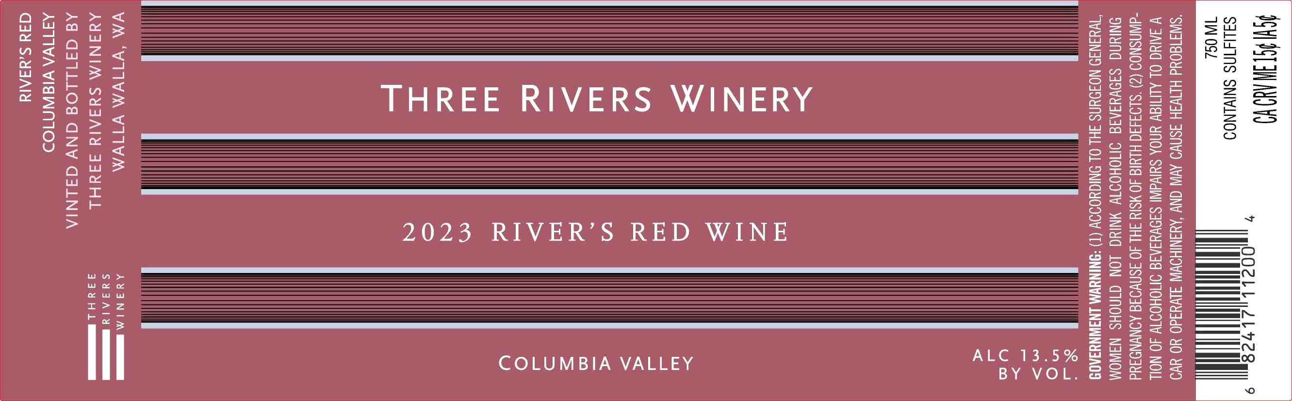 TABC label artwork for THREE RIVERS WINERY RED COLUMBIA VALLEY