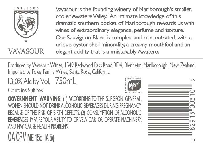 TABC label artwork for VAVASOUR SAUVIGNON BLANC AWATERE VALLEY MARLBOROUGH