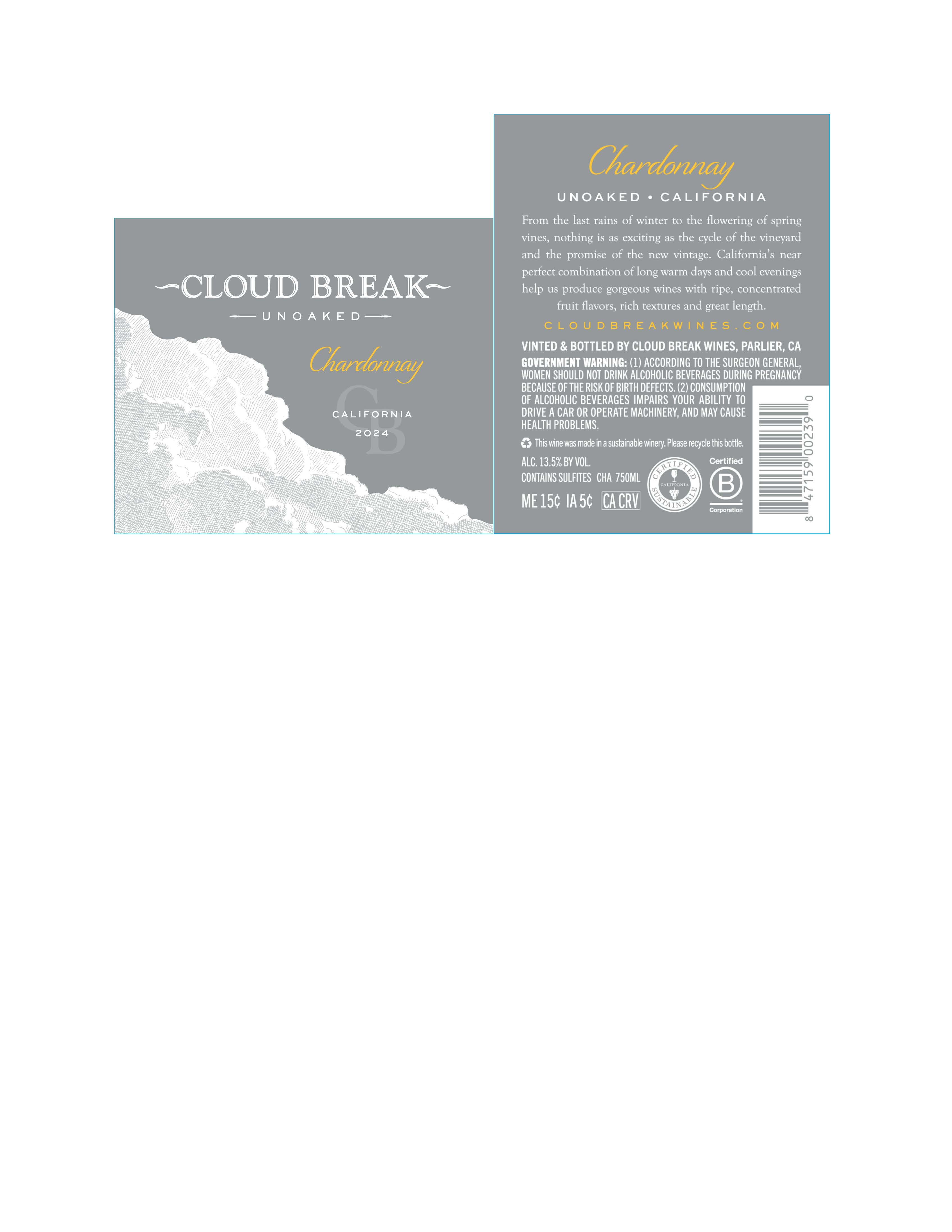 TABC label artwork for Cloud Break Chardonnay Unoaked