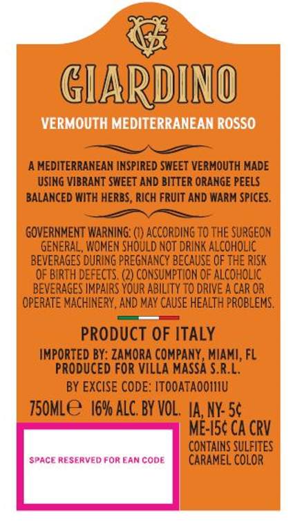 TABC label artwork for Giardino Vermouth Villa Massa Mediterranean Rosso