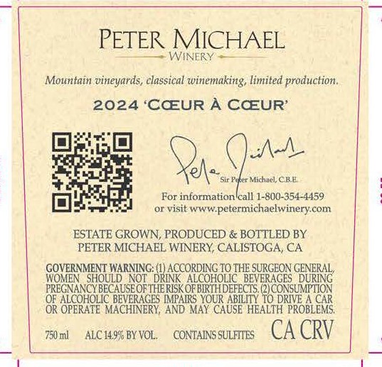 TABC label artwork for Peter Michael Winery Coeur A Coeur Semillon Sauvignon Blanc Knights Valley