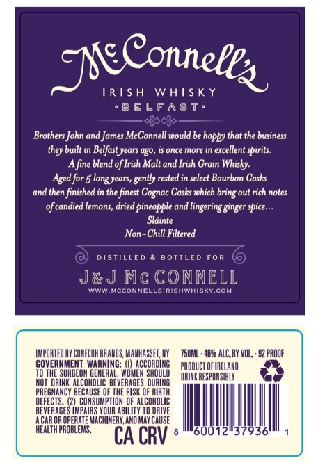 TABC label artwork for McConnell's Cognac Cask Finish Irish Whisky