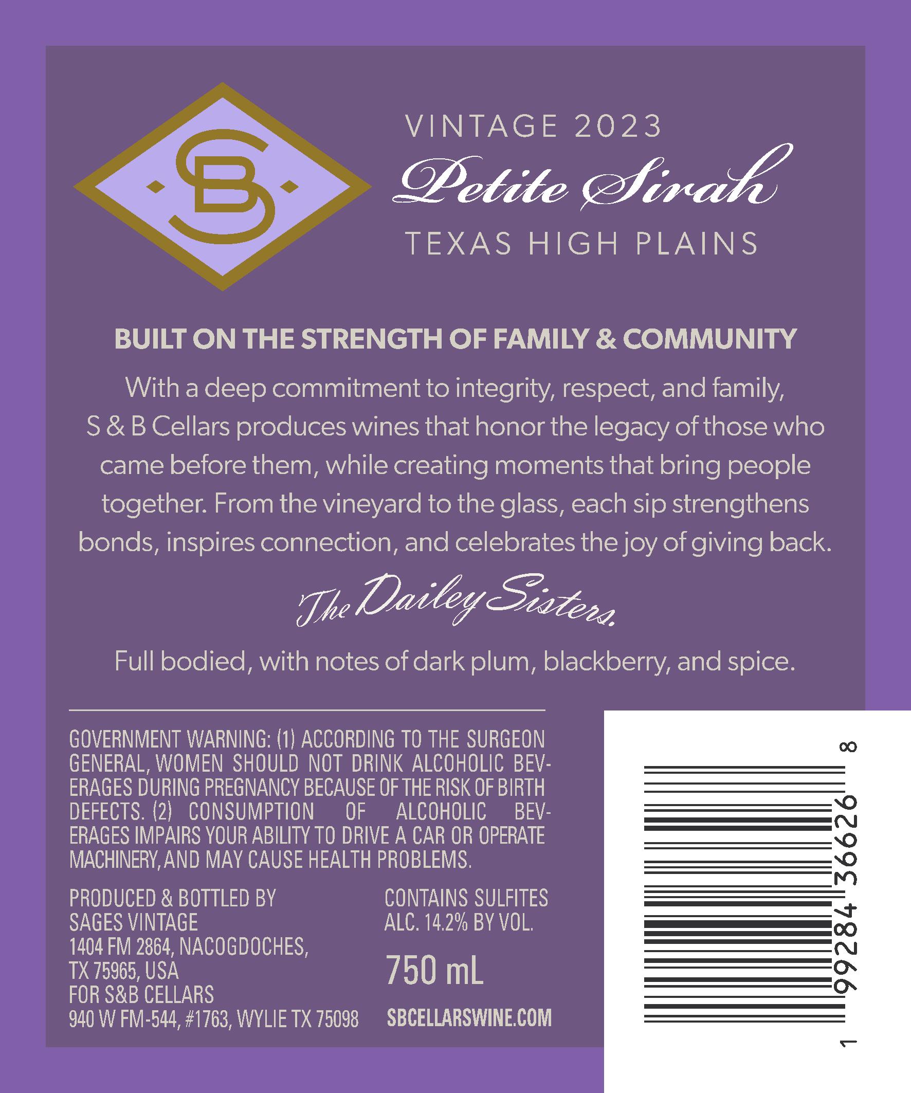 TABC label artwork for S&B Cellars Petite Sirah