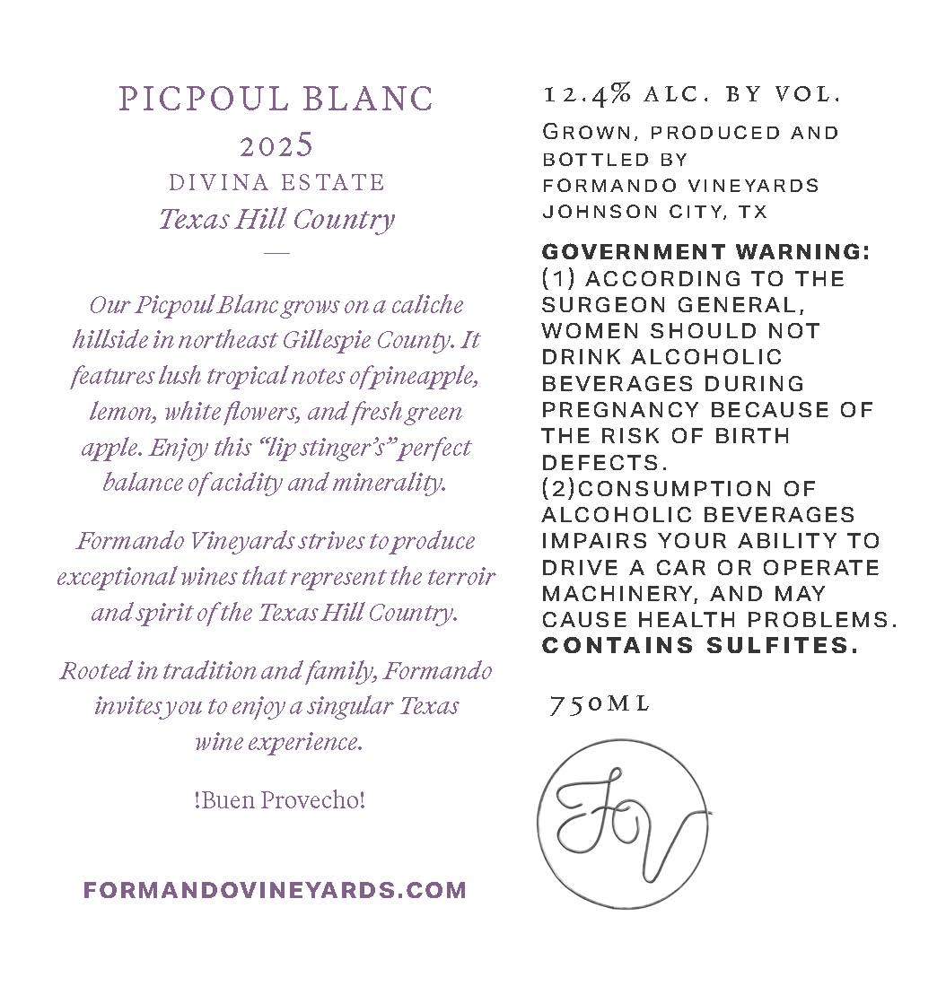TABC label artwork for Formando Vineyards Picpoul Blanc