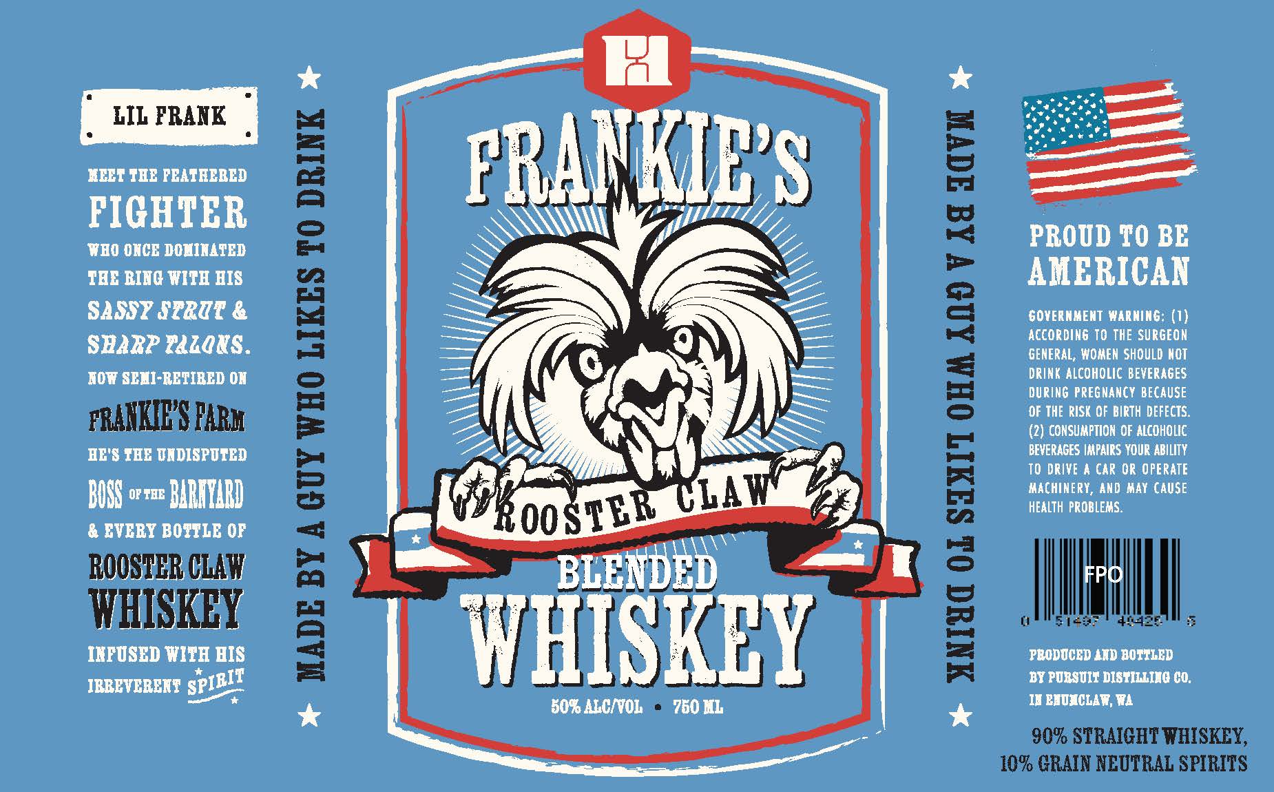 TABC label artwork for Frankie's Rooster Claw Blended Whiskey
