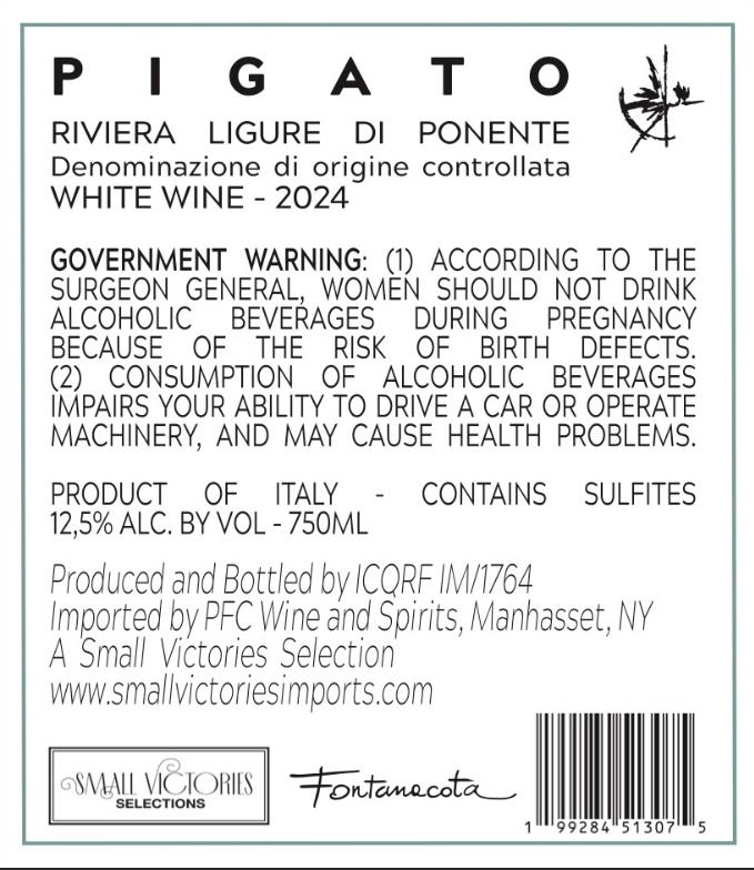 TABC label artwork for Fontanacota, Pigato, Riviera Ligure di Ponente