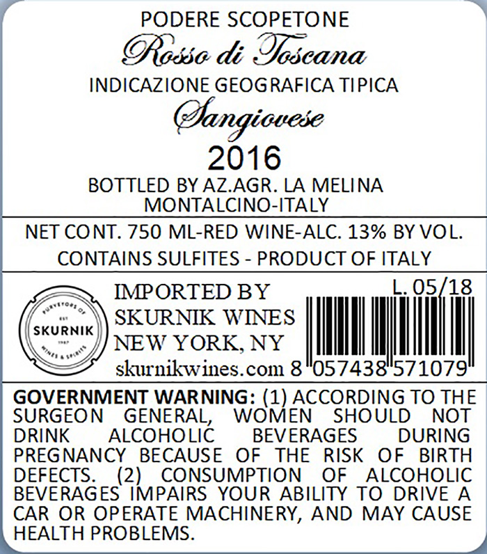 TABC label artwork for Scopetone Sangiovese Rosso di Toscana IGT