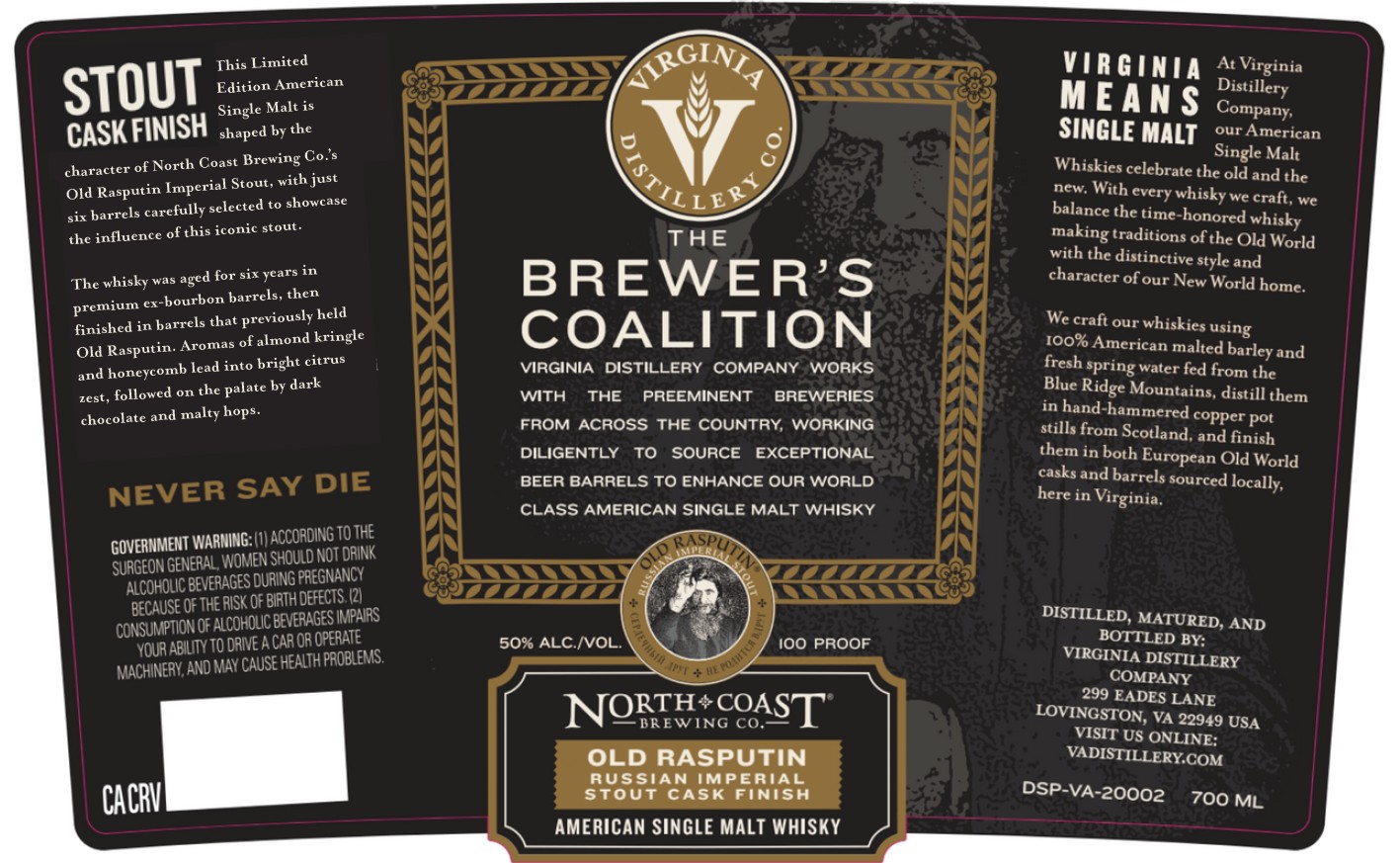 TABC label artwork for Virginia Distillery Co. American Single Malt Whisky Stout Cask Finish