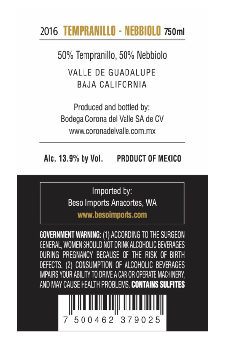 TABC label artwork for Corona del Valle Tempranillo Nebbiolo