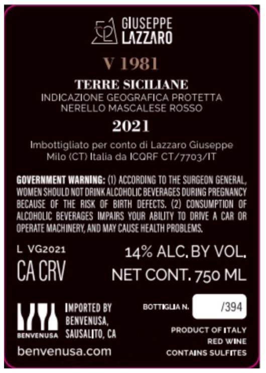 TABC label artwork for GIUSEPPE LAZZARO V 1981 Nerello Mascalese TERRE SICILIANE