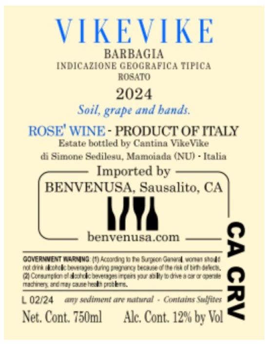 TABC label artwork for VIKEVIKE ROSATO BARBAGIA