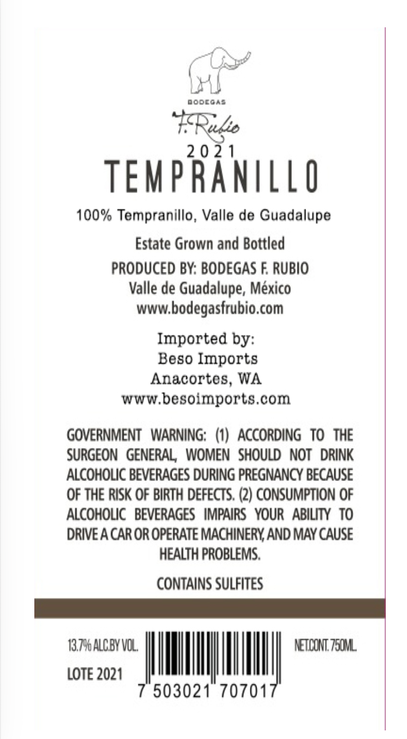 TABC label artwork for Rubio Tempranillo