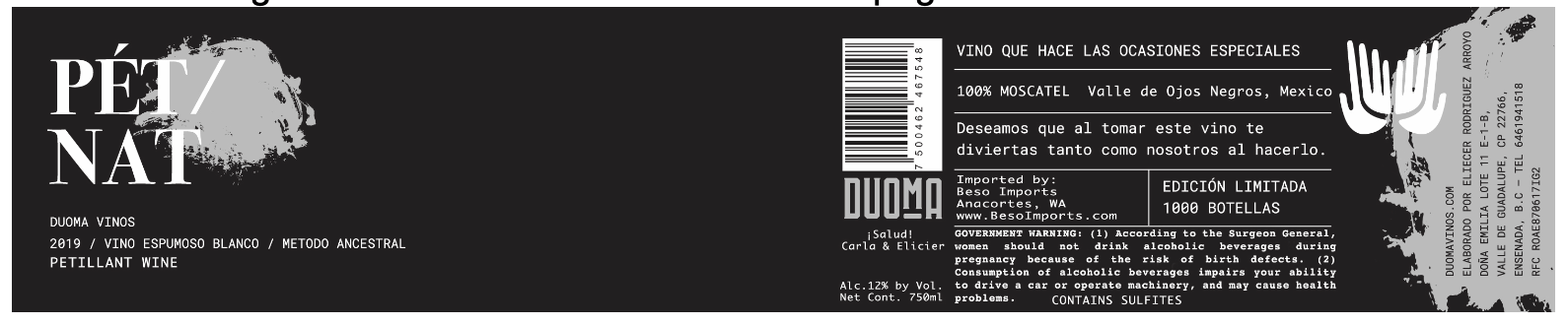 TABC label artwork for Duoma Pet Nat Blanco