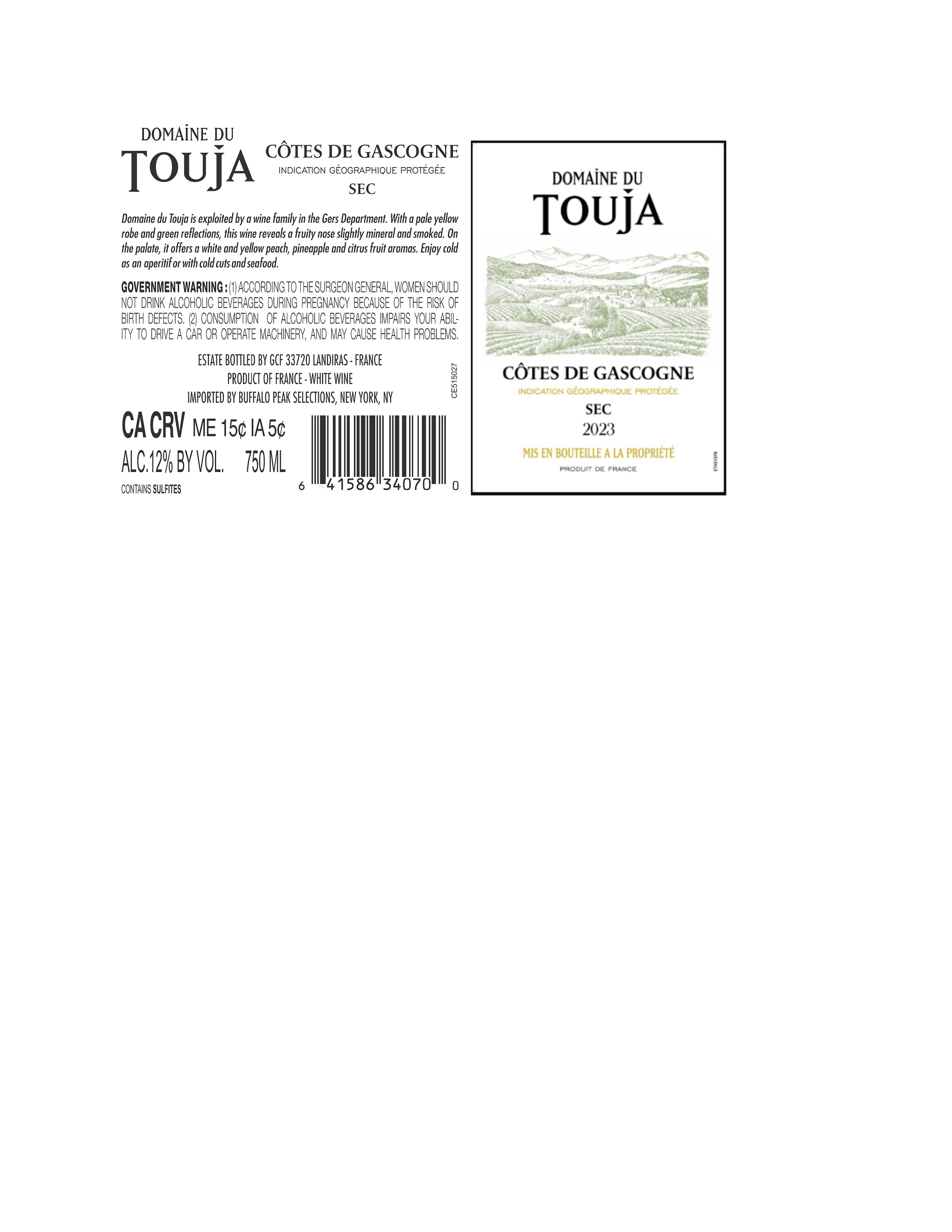 TABC label artwork for Domaine du Touja Cotes de Gascogne