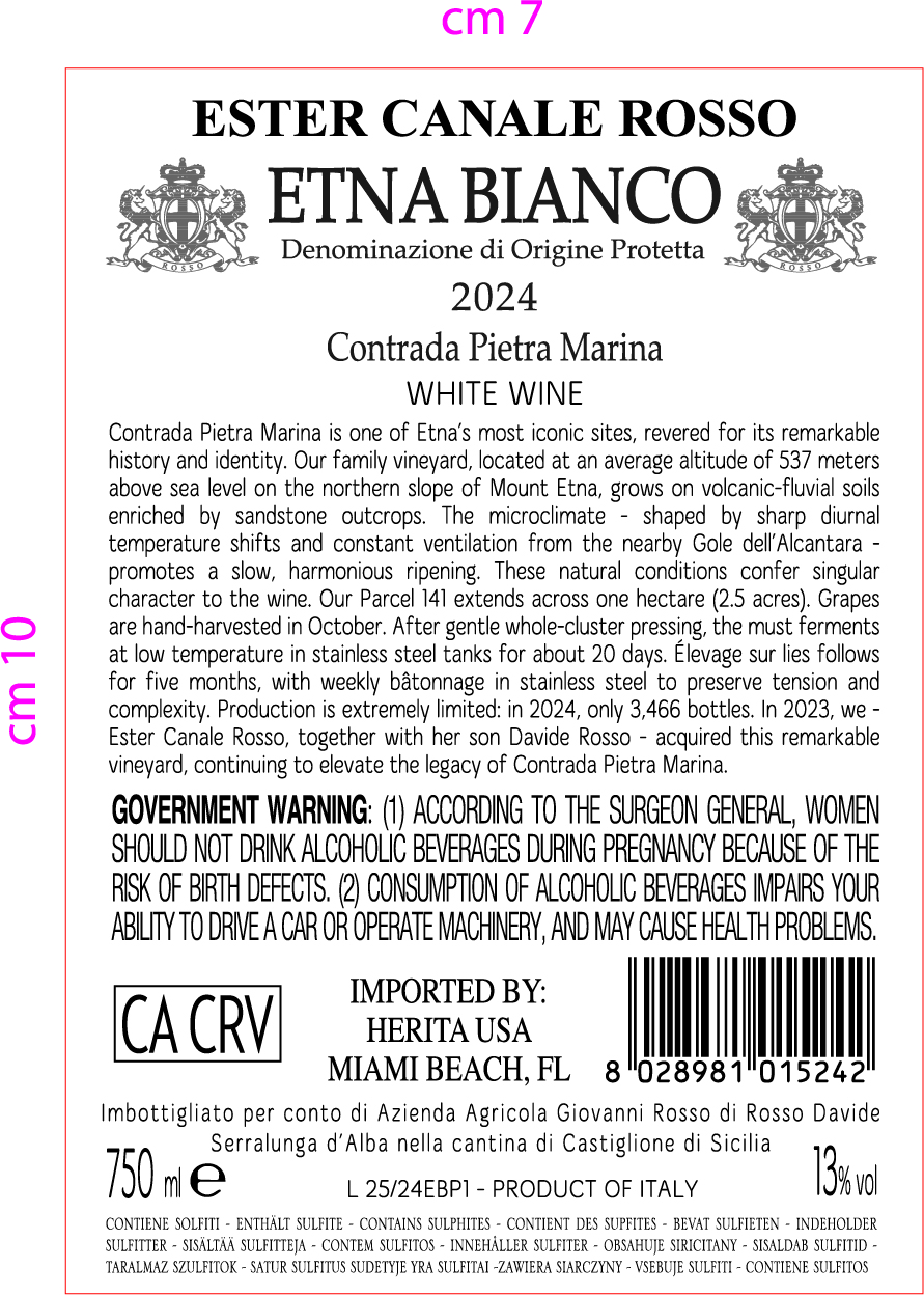 TABC label artwork for Ester Canale Rosso Contrada Pietra Marina Etna Bianco DOP
