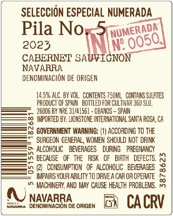 TABC label artwork for Seleccion Especial Numerada Pila no 5 Navarra Num 50 Cabernet Sauvignon, Spain