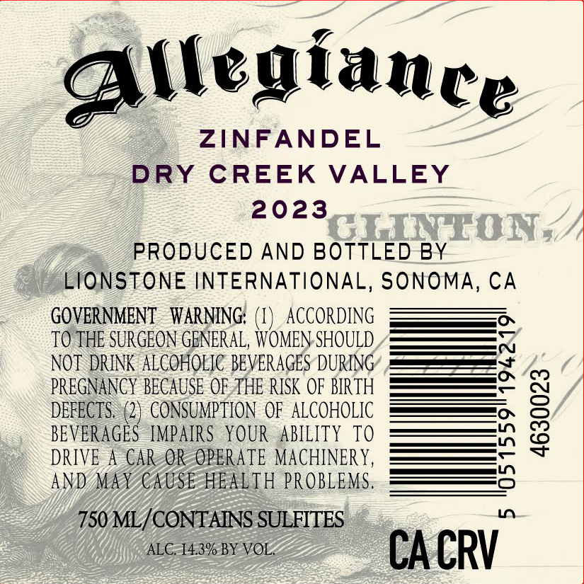 TABC label artwork for Allegiance Biglieri Vineyard Dry Creek Valley Zinfandel