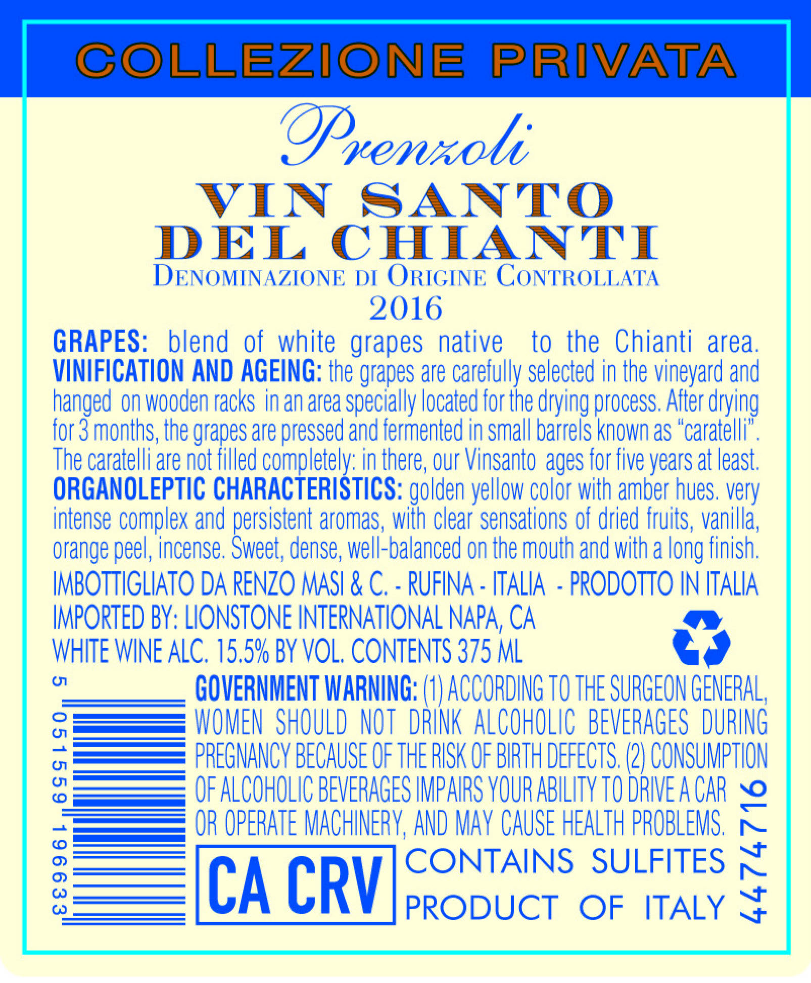 TABC label artwork for Prenzoli Collezione Privata Vin Santo del Chianti White Wine, Italy