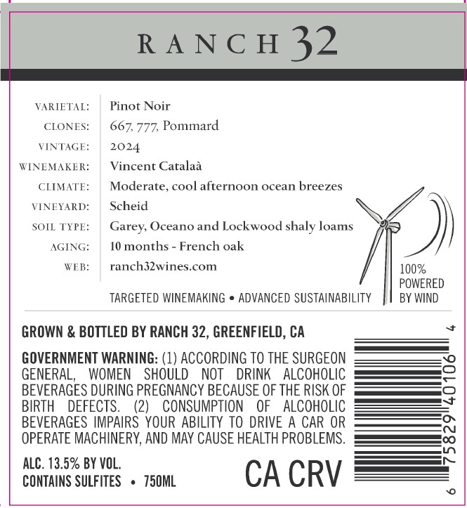 TABC label artwork for Ranch 32 Pinot Noir
