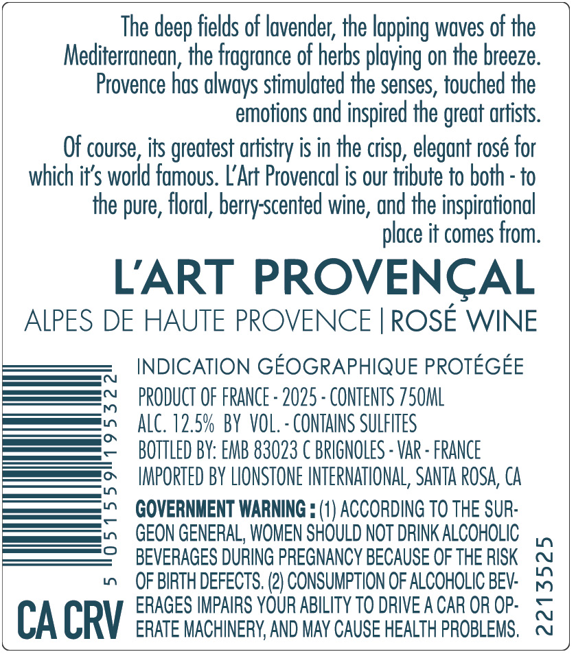 TABC label artwork for L'Art Provencal Alpes de Haute Provence Rose Wine, France