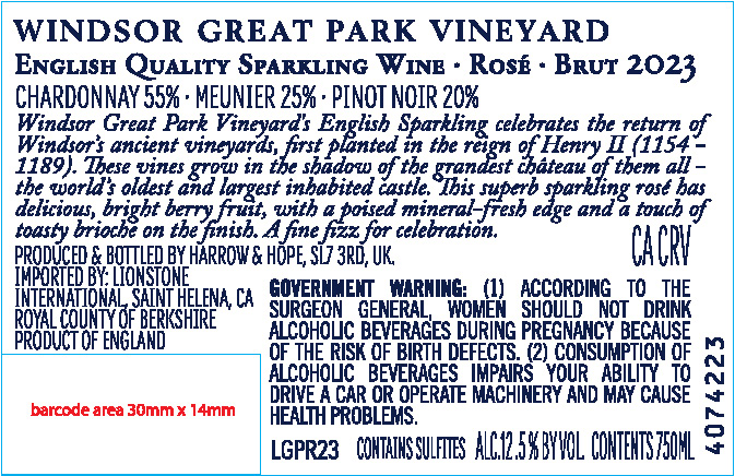 TABC label artwork for Windsor Great Park Vineyard Berkshire English Quality Sparkling Rose Brut