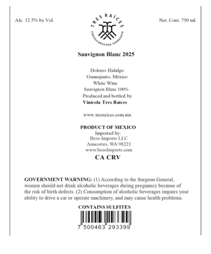 TABC label artwork for Tres Raices Sauvignon Blanc