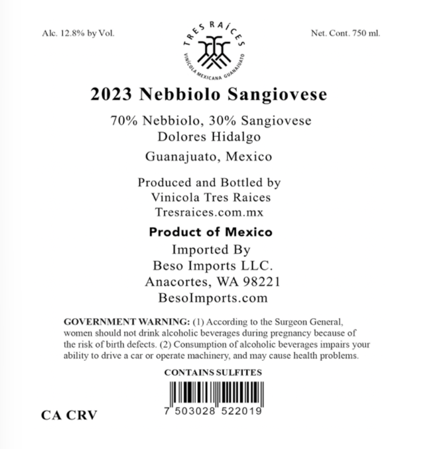 TABC label artwork for Tres Raices Nebbiolo Sangiovese