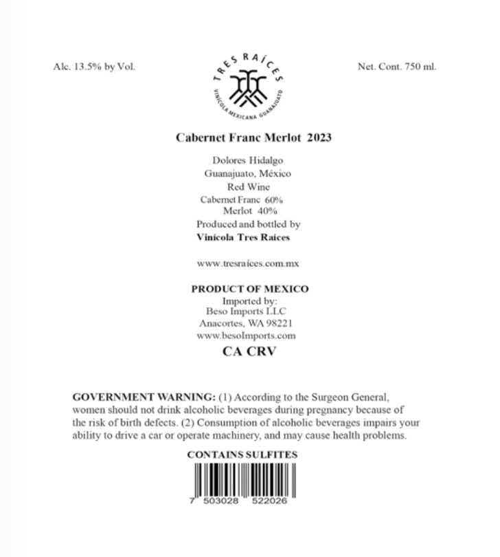 TABC label artwork for Tres Raices Cabernet Franc Merlot