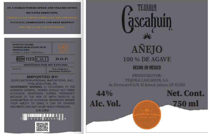 TABC label artwork for Cascahuin 55-25 Tequila